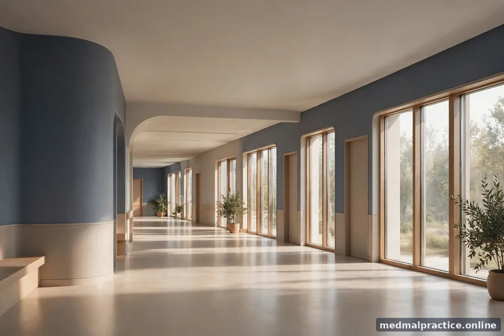 Empty sunlit corridor with soft architectural lines, calm and quiet, with no people