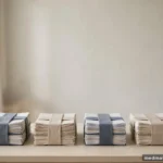 Calm abstract composition: four orderly document stacks on a light desk in soft daylight, no legible text