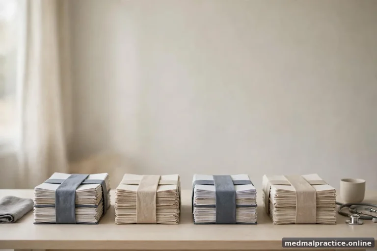 Calm abstract composition: four orderly document stacks on a light desk in soft daylight, no legible text