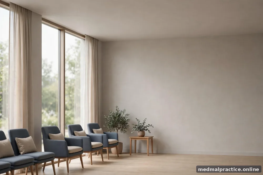 Soft-focus empty waiting area bathed in daylight, with no patients and calm neutrals