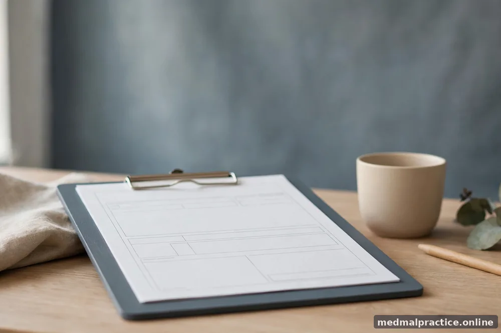 Blank clipboard with an empty form outline on a calm desk, with no legible text