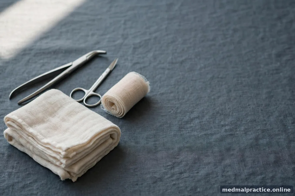 Abstract still life of folded gauze and simple instruments in soft light, with no brands