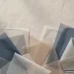 Abstract composition of overlapping translucent document shapes in calm tones, no text