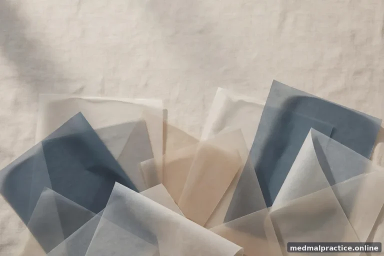 Abstract composition of overlapping translucent document shapes in calm tones, no text