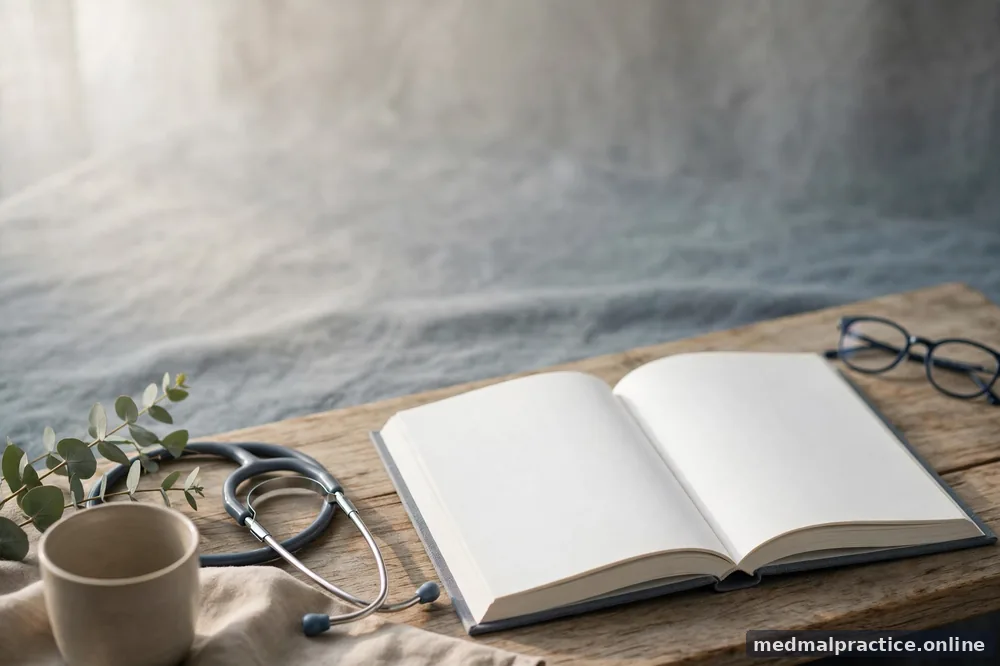 Open blank book on a desk in soft morning light, fresh-page motif, with no legible text