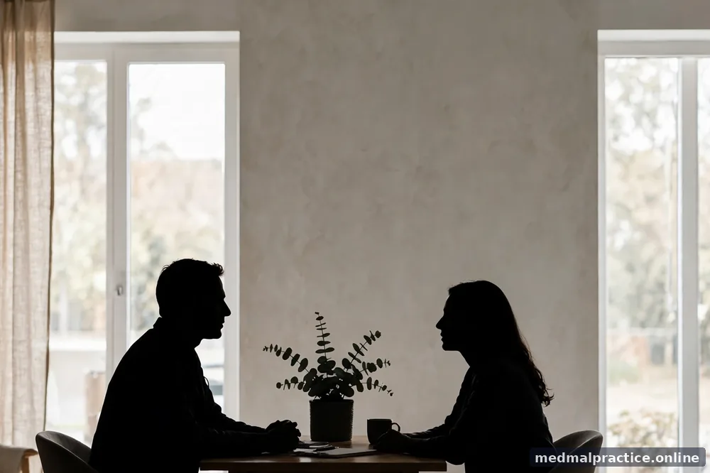 Doctor–patient consultation silhouette in a bright room, calm and professional, with no faces in distress