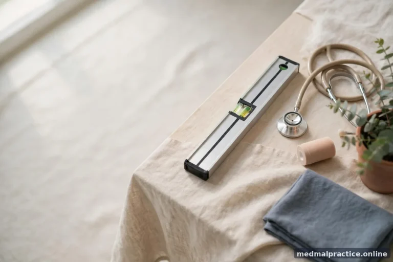 Calm balance motif: a simple level tool on a light desk in daylight, no text