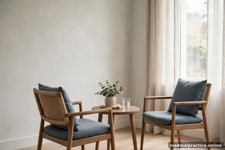 Two chairs facing each other across a small table in a bright neutral room, calm, no text