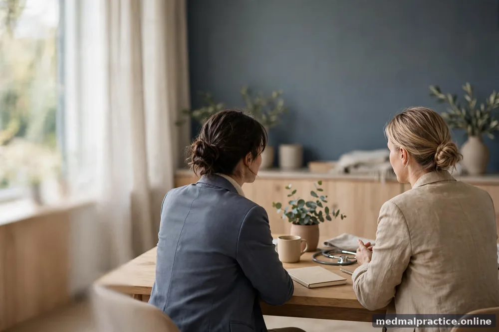 Two people in calm conversation across a desk in daylight, professional, no distress