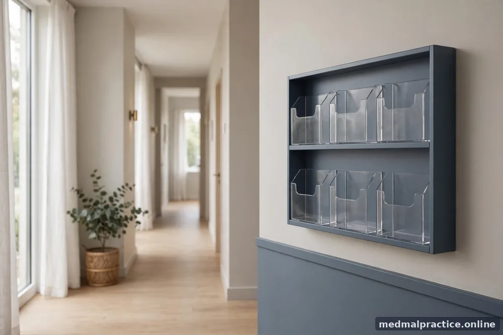 Blank brochure rack with empty pamphlet slots in a bright hallway, no legible text