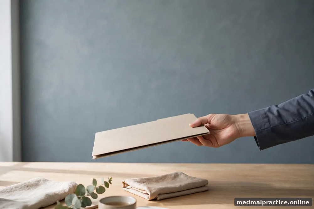 An outstretched hand offering a closed folder across a bright desk, calm, no legible text