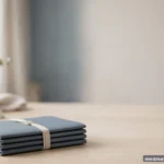 A neat stack of blank folders tied with a simple band on a light desk, daylight, no text