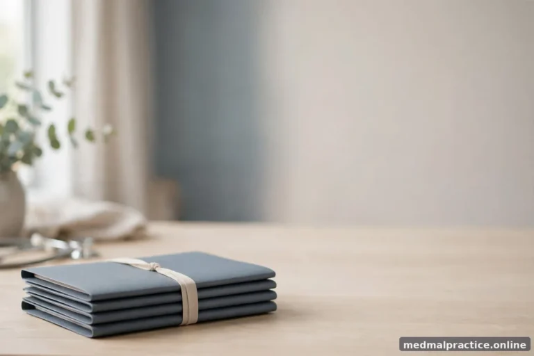 A neat stack of blank folders tied with a simple band on a light desk, daylight, no text