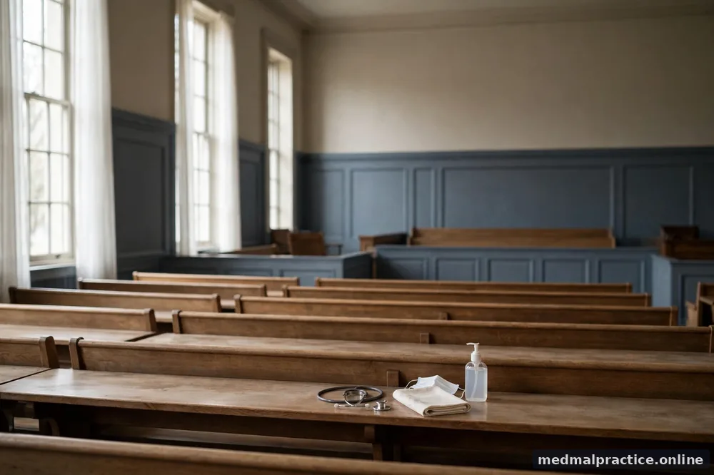 Empty courtroom benches in soft daylight, quiet and calm, no people