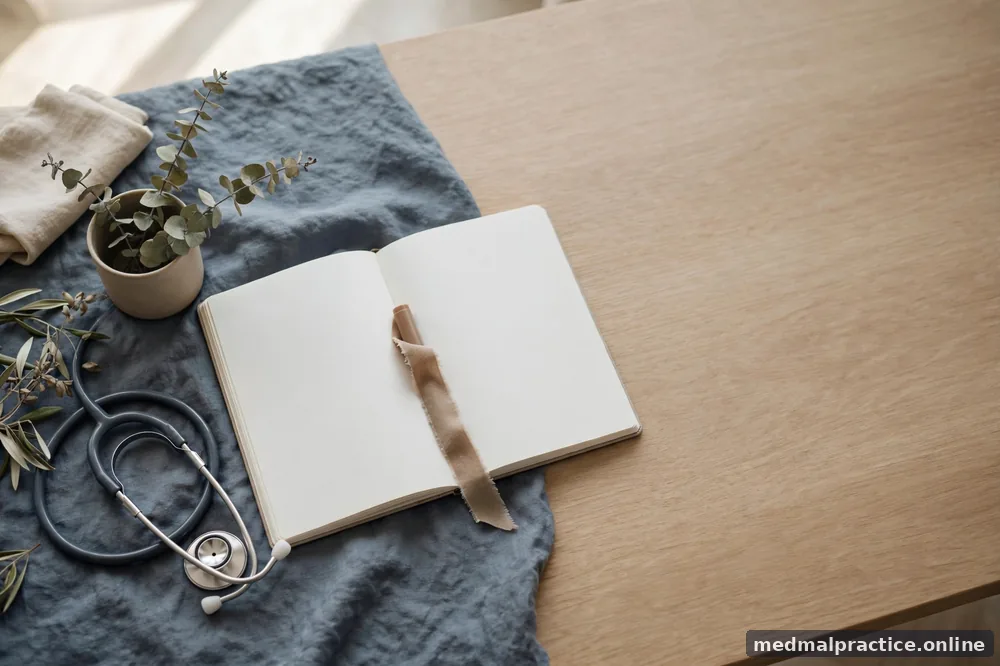 Blank planner pages with a ribbon marker on a calm desk, no legible dates