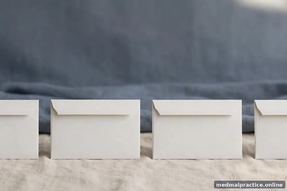 Four blank envelopes in a row on a light surface suggesting cadence, no legible text