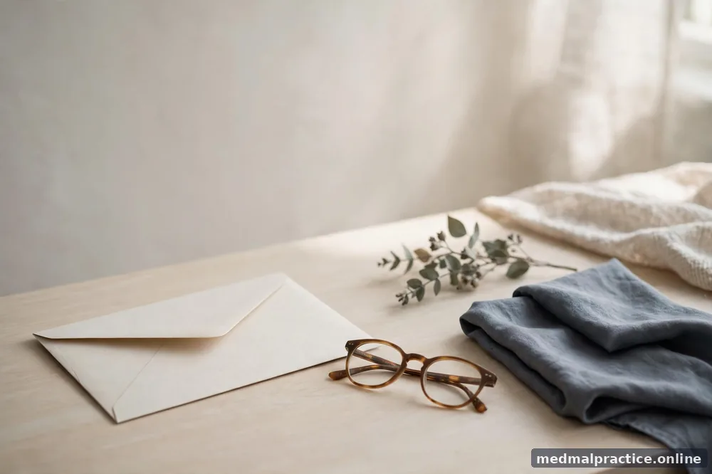 Blank envelope beside reading glasses on a light desk, read-carefully mood, no legible text