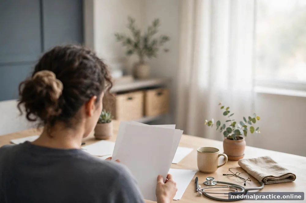A person calmly reviewing blank papers at a bright desk, thoughtful and calm, no distress