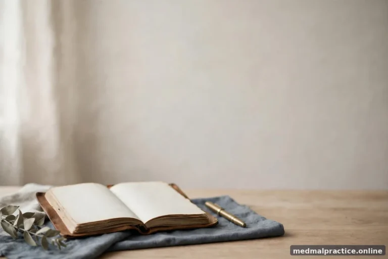 A dated journal with blank pages beside a pen on a calm desk, no legible text