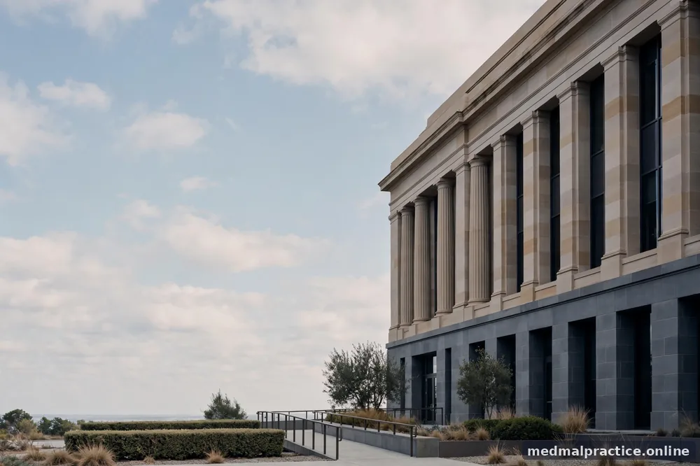 Empty government-style building facade in daylight, neutral and calm, no people