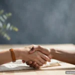 Two hands in a calm handshake silhouette across a bright table, professional, no faces