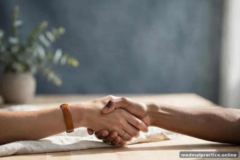 Two hands in a calm handshake silhouette across a bright table, professional, no faces