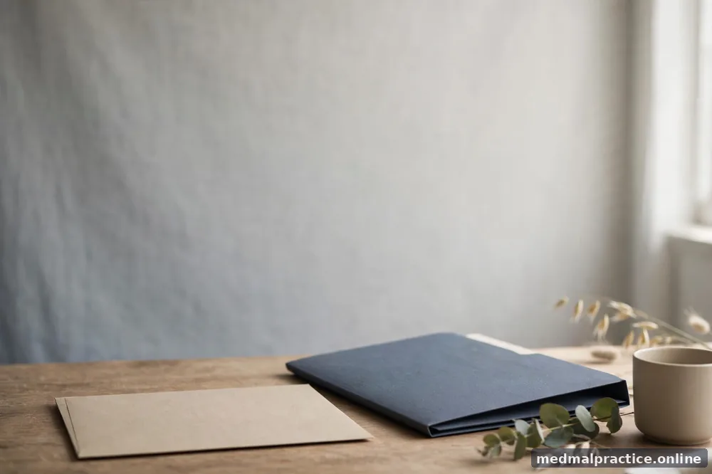 Blank notice-envelope on a desk beside a folder, no legible text or seals