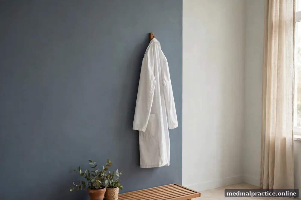 Blank ID-badge-free coat hanging on a hook in a bright room, no legible text