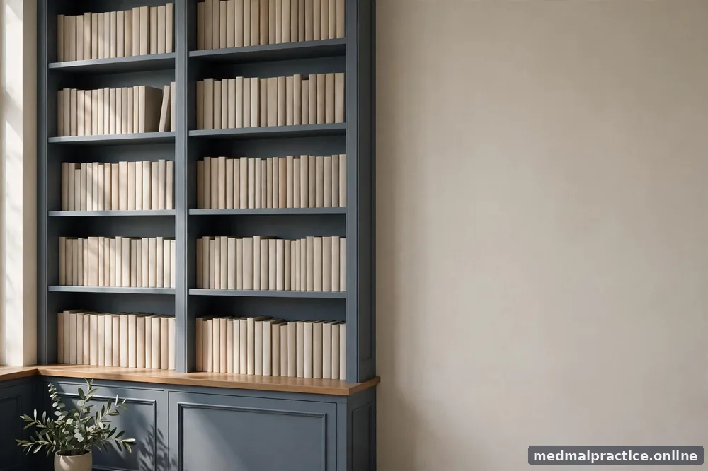 Empty library shelves with neat blank-spined books, soft light, no legible text