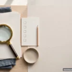 A magnifying glass over blank papers beside a simple list motif, bright desk, no text