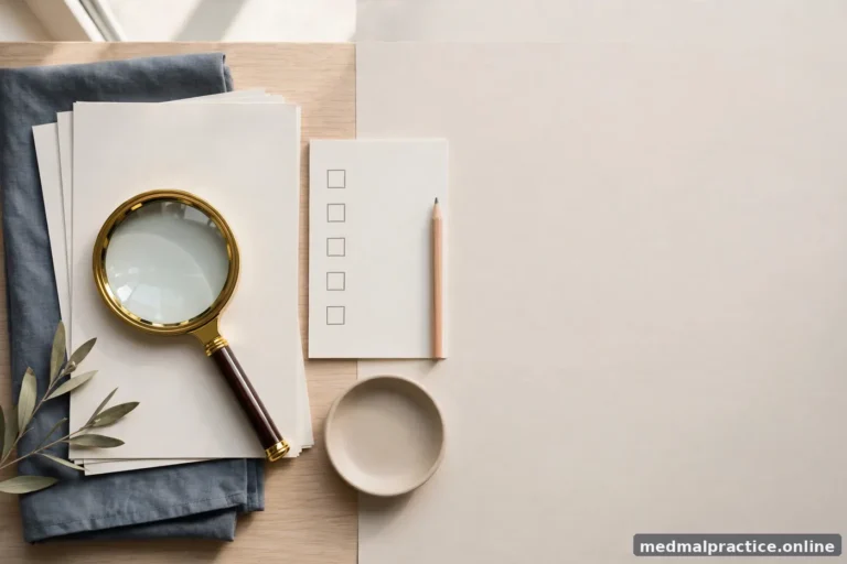 A magnifying glass over blank papers beside a simple list motif, bright desk, no text