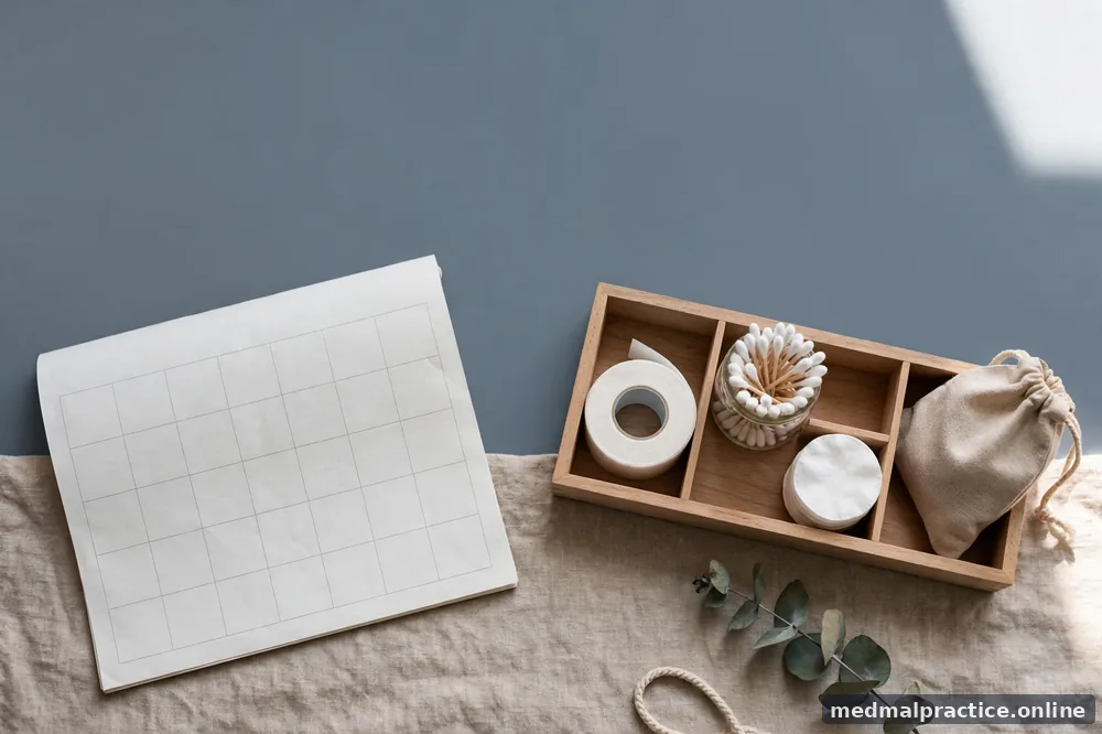 Calendar page motif (no legible dates) beside a simple organizer tray, bright, no text