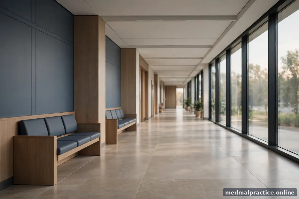 Empty airport-style corridor in soft light, calm, no people