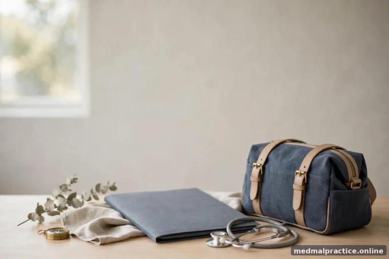 A small travel bag beside a closed folder on a bright desk, journey motif, no text