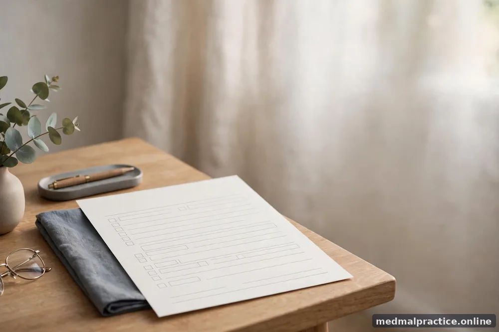 Blank advance-directive-style form outline (no legible text), calm desk